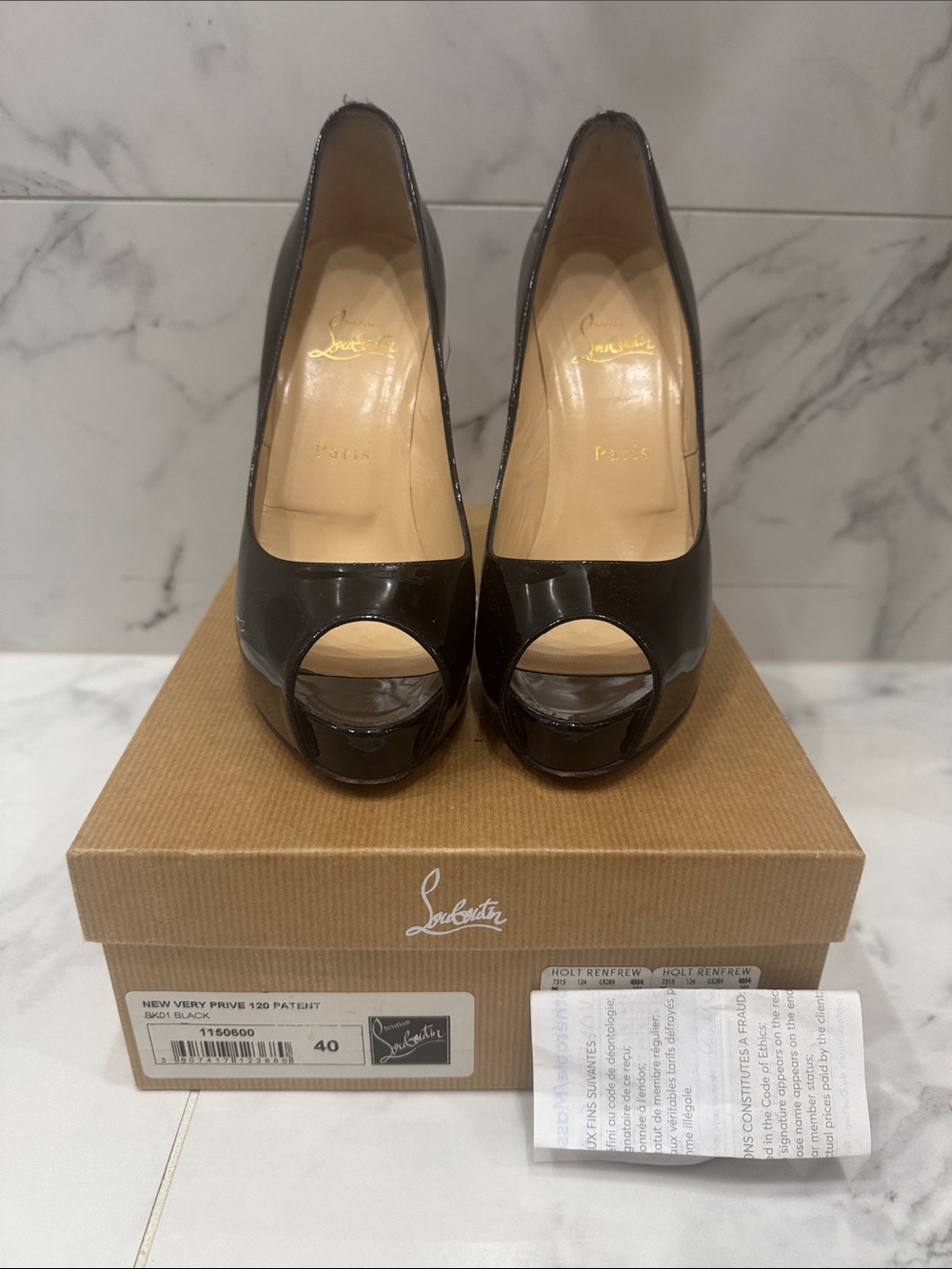Christian Louboutin Black Patent Peep-Toe Stiletto Pumps with Red Sole